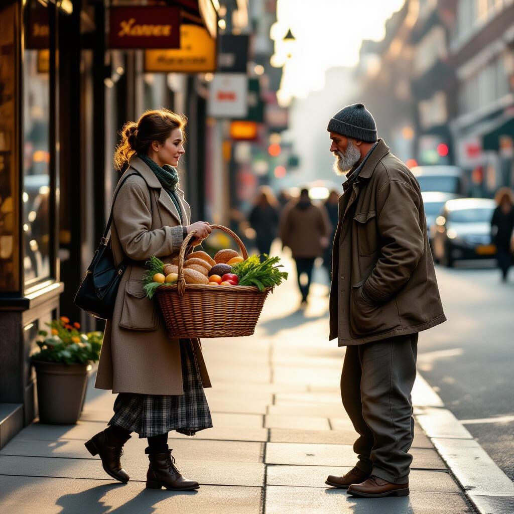 Empathetic Urban Scene: Woman Shares Food at Golden Hour