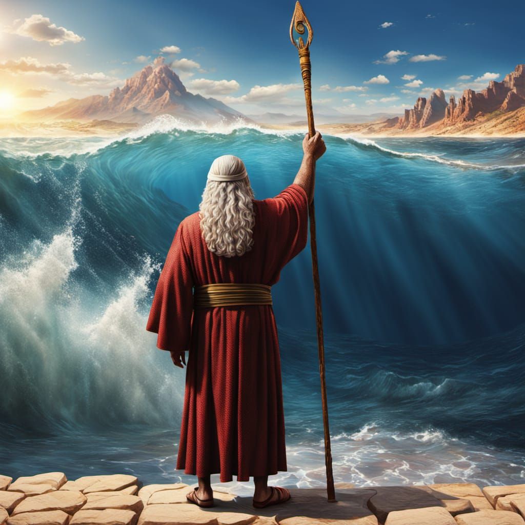Moses Leading Israelites Across the Parted Red Sea in a Vibr...
