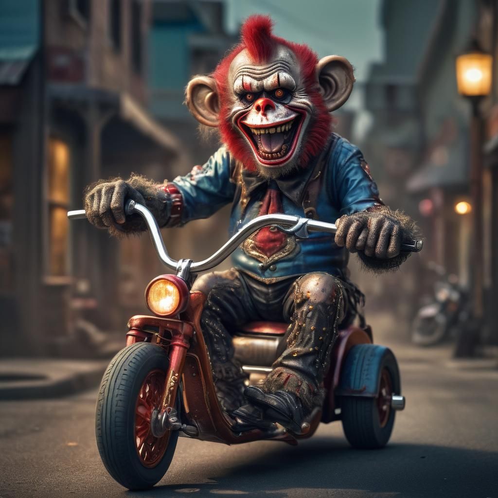 Hyperrealistic Zombie Clown Monkey on Motorcycle