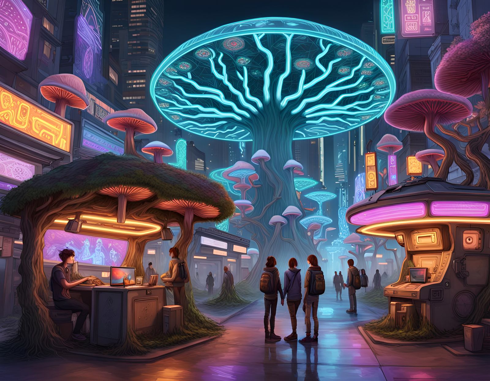 Cyberpunk Tree of Life City Street Scene