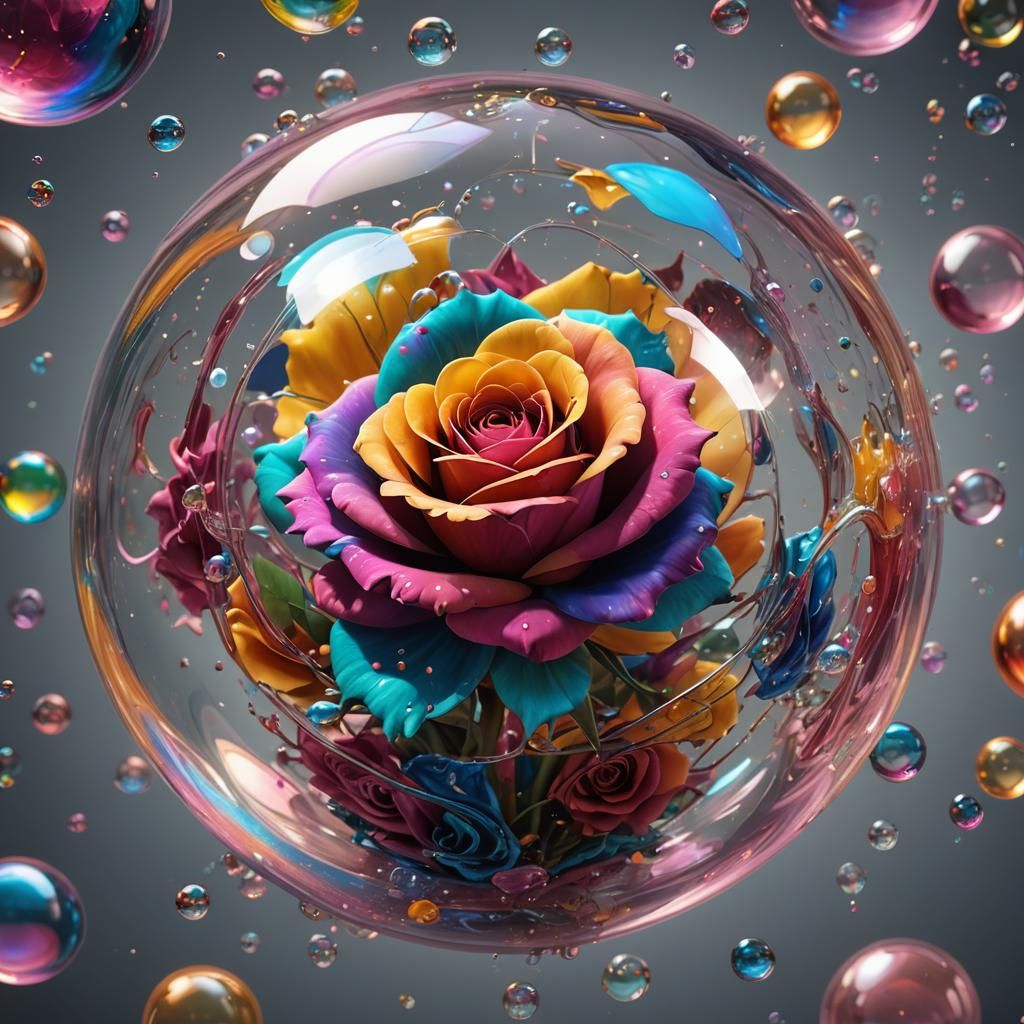 Exploding Multicolored Rose Inside Soap Bubble Orb