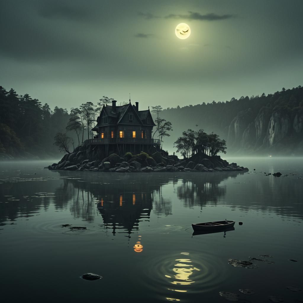 Ominous Haunted House with Floating Smiley Face