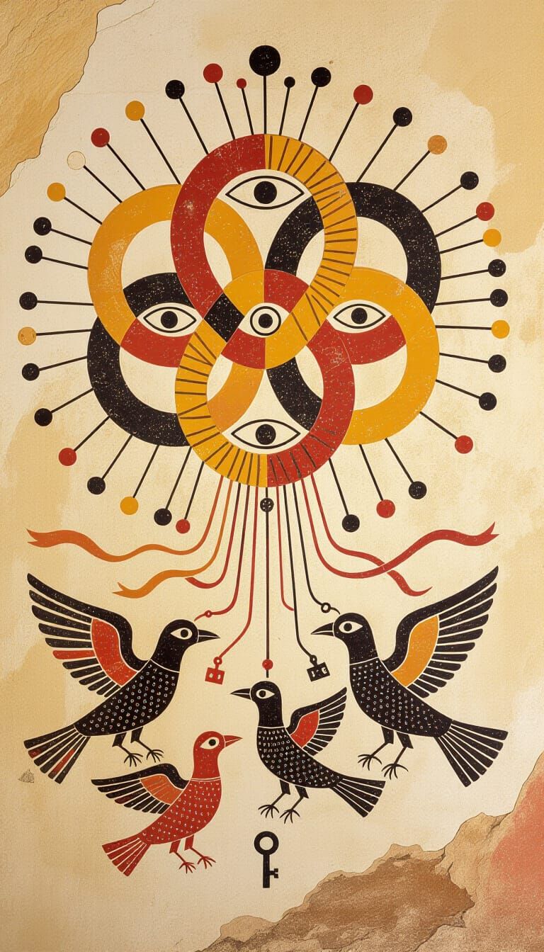 Ancient Cave Art with Abstract Shapes and Eyes