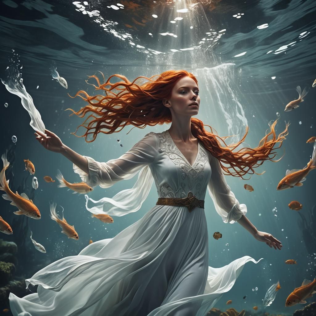 Redhead Woman in White Dress Floating Underwater