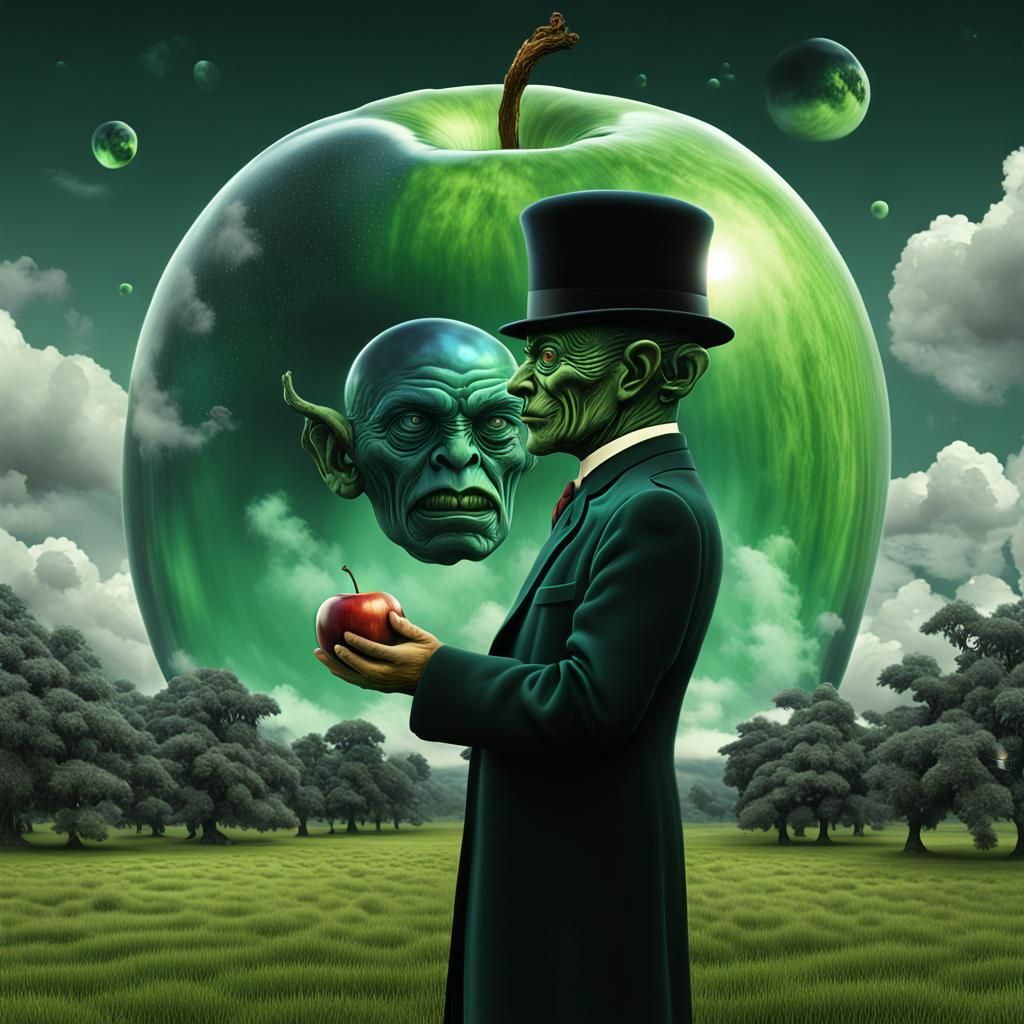 Surreal Encounter: Man, Apple, and Alien in Magic Realism