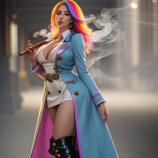 Businesswoman with Rainbow Coat Smoking Cigar