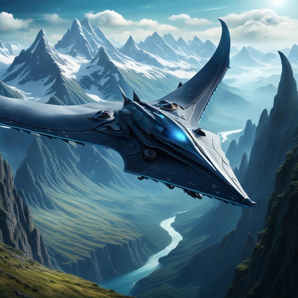 Manta Ray Starship Glider Over Mountains