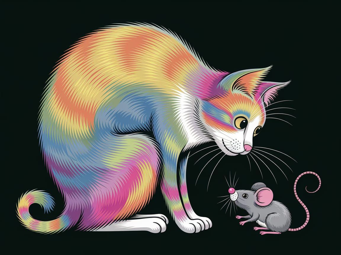 Colorful Cat and Mouse Illustration
