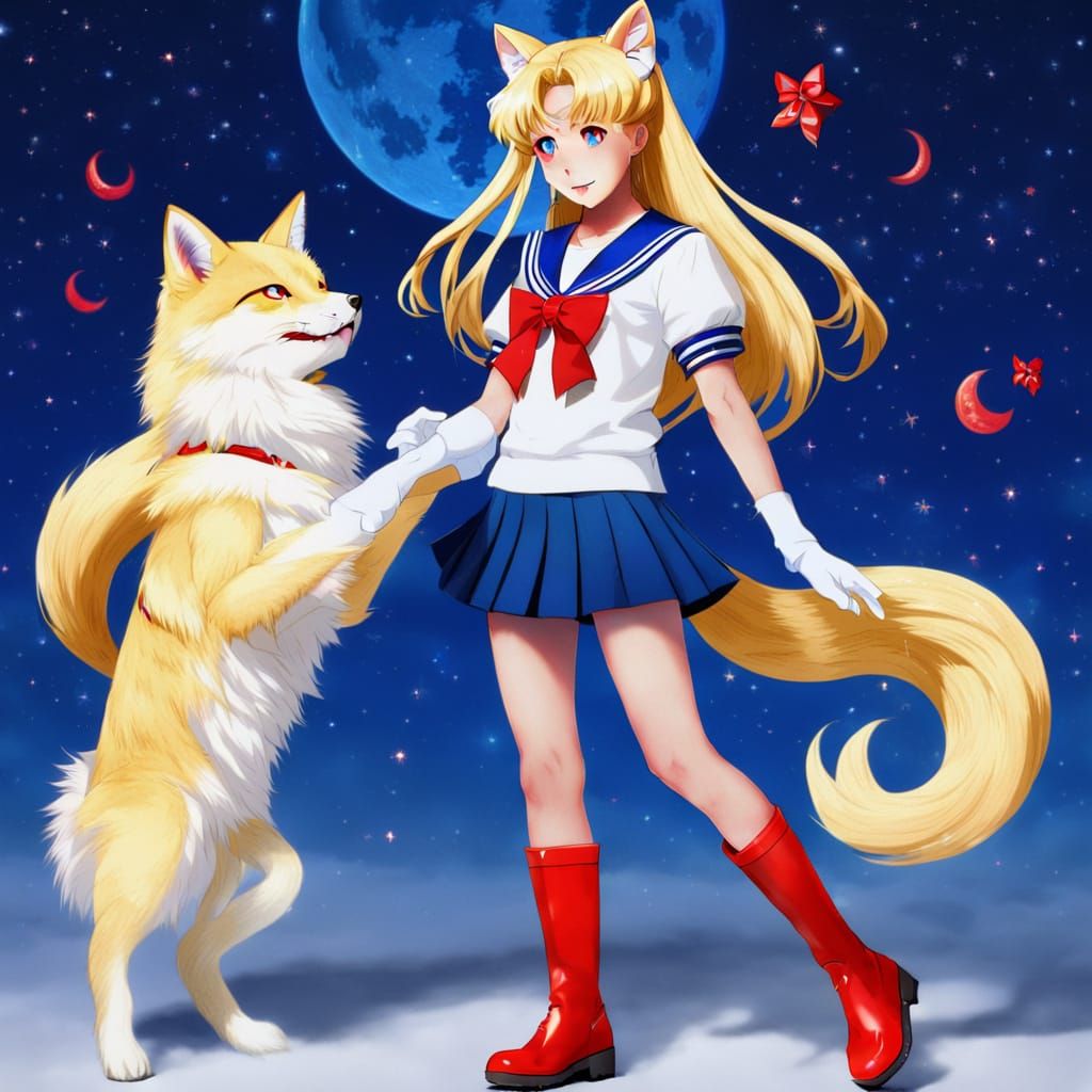 Sailor Moon Meets a Majestic 9-Tailed Kitsune in Traditional...