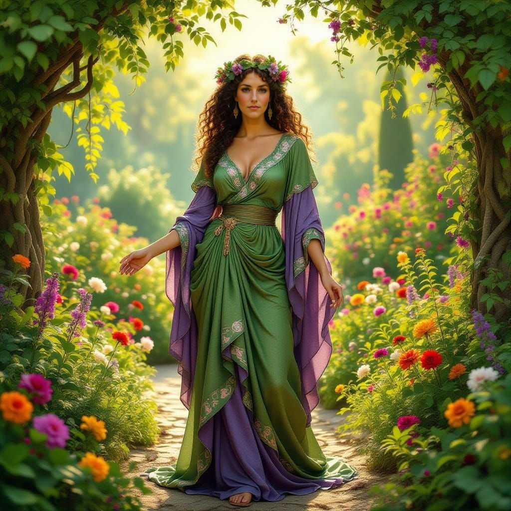 Etruscan Goddess Horta Admires Garden Blooms in Ancient Grov...