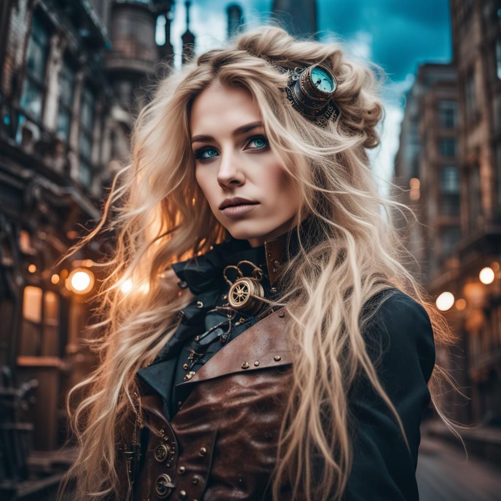 Enchanting Steampunk Artist in Neon Cityscape