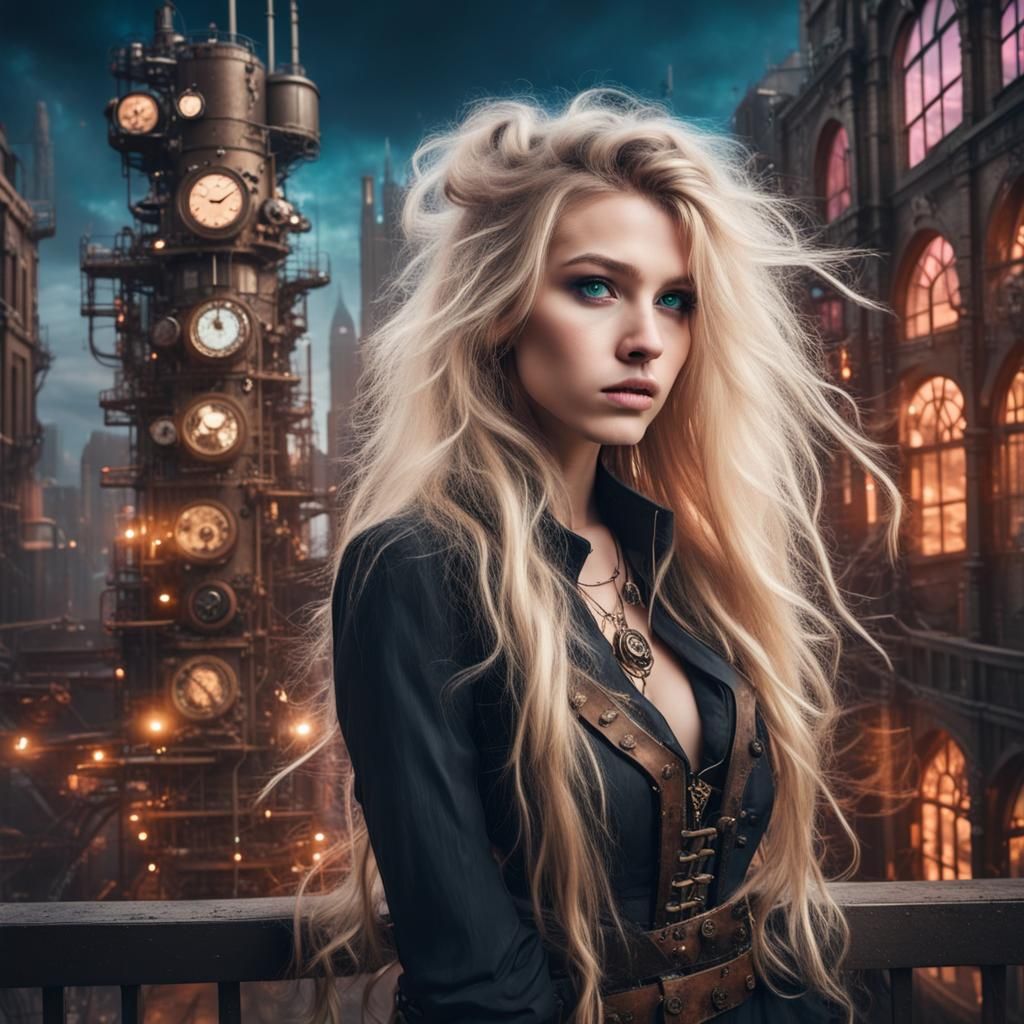 Steampunk Artist in Neon Cityscape