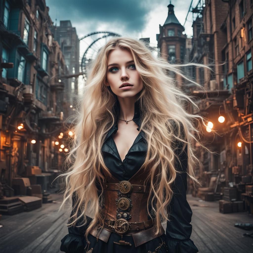 Steampunk Artist Girl in Neon Cityscape