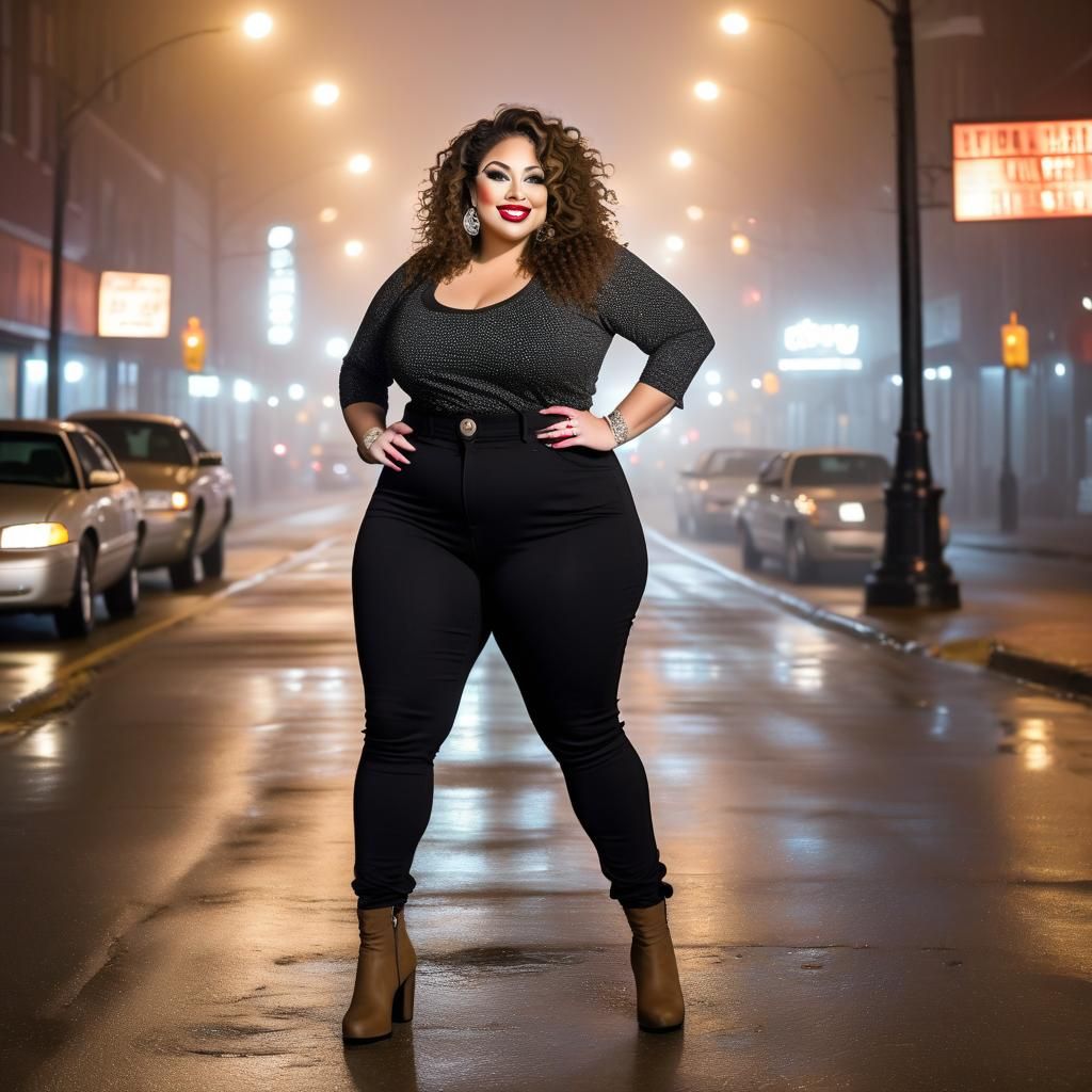 Curvy Woman Walking on Foggy City Street
