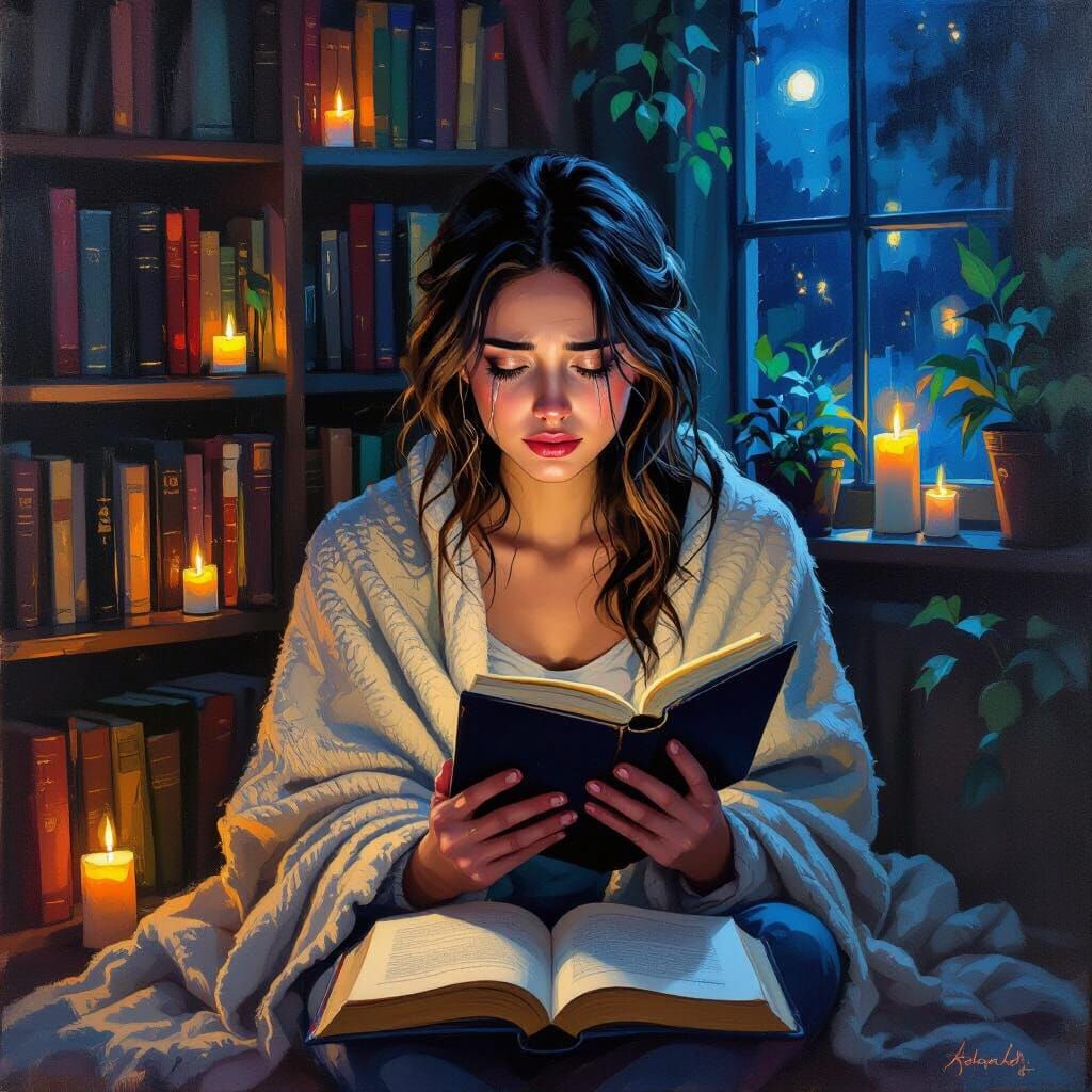 Emotional Oil Painting of a Woman Crying While Reading