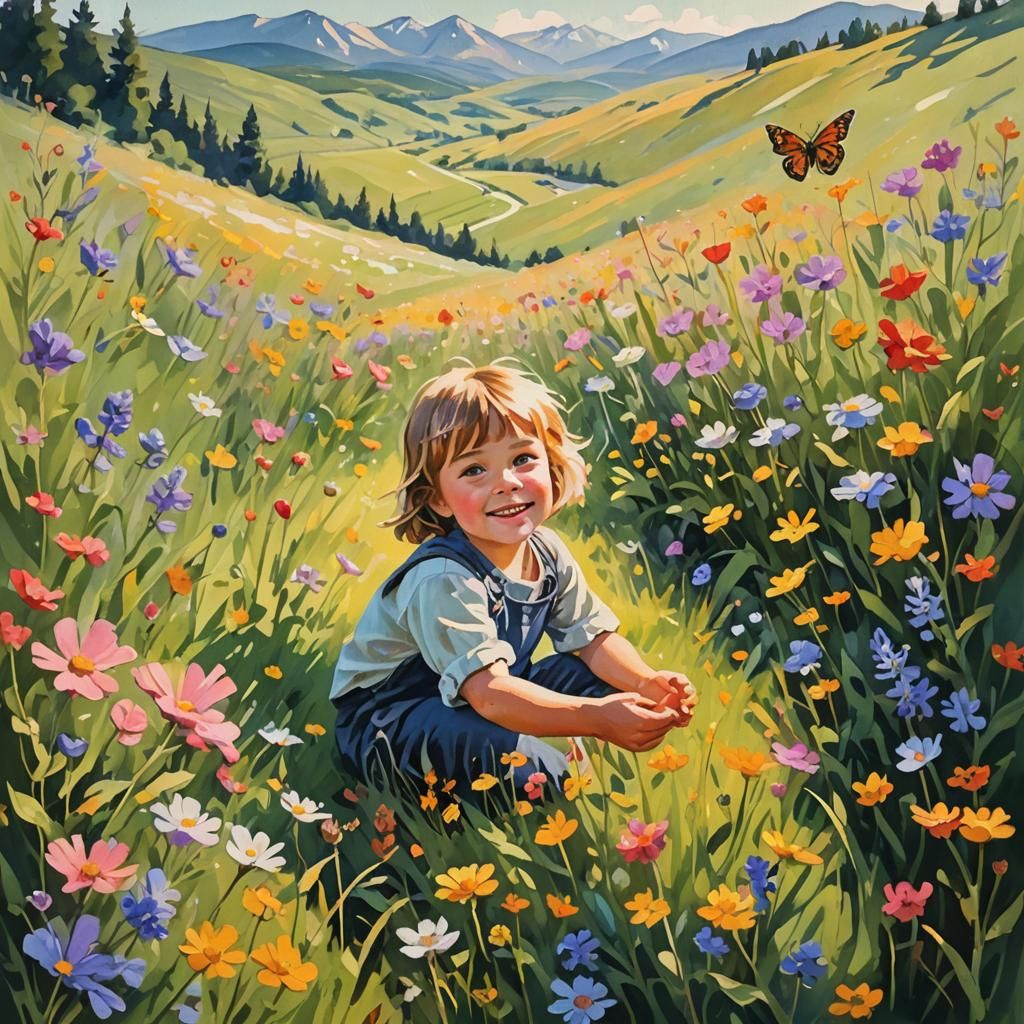 Child in Meadow with Butterfly: Impressionist Gouache