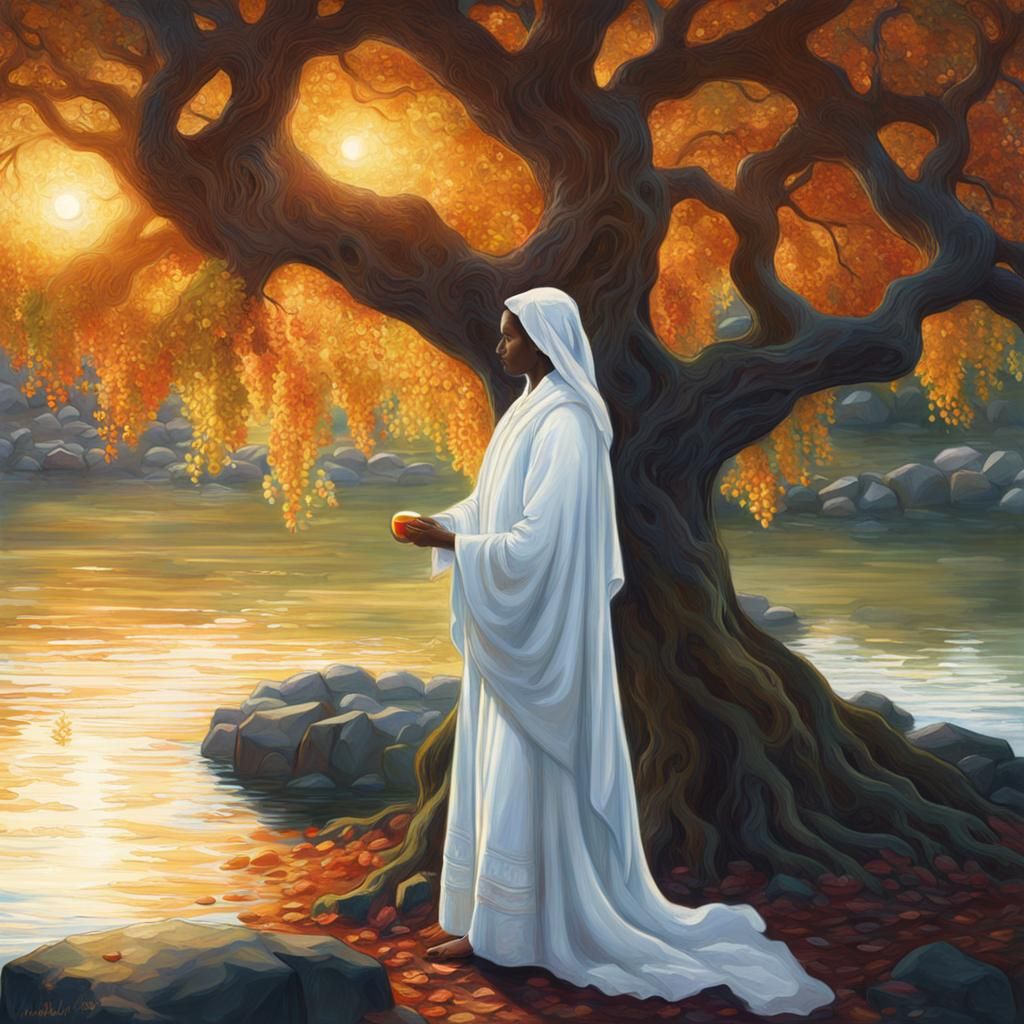 Figure Under Tree of Life in Pre-Raphaelite Style