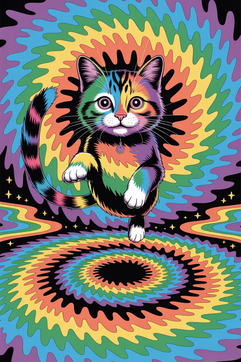 Psychedelic Rainbow Cat in Vortex Illustration