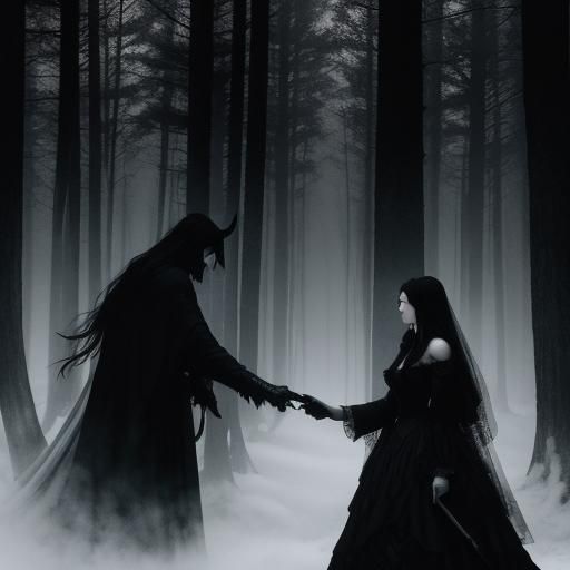 Shadowy Figure Meets Maid in Dark Noir Forest