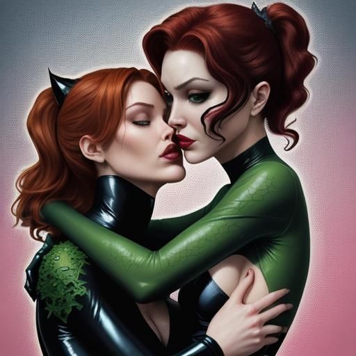 poison ivy kissing catwoman, affectionately exchanging cuddles and hugs,