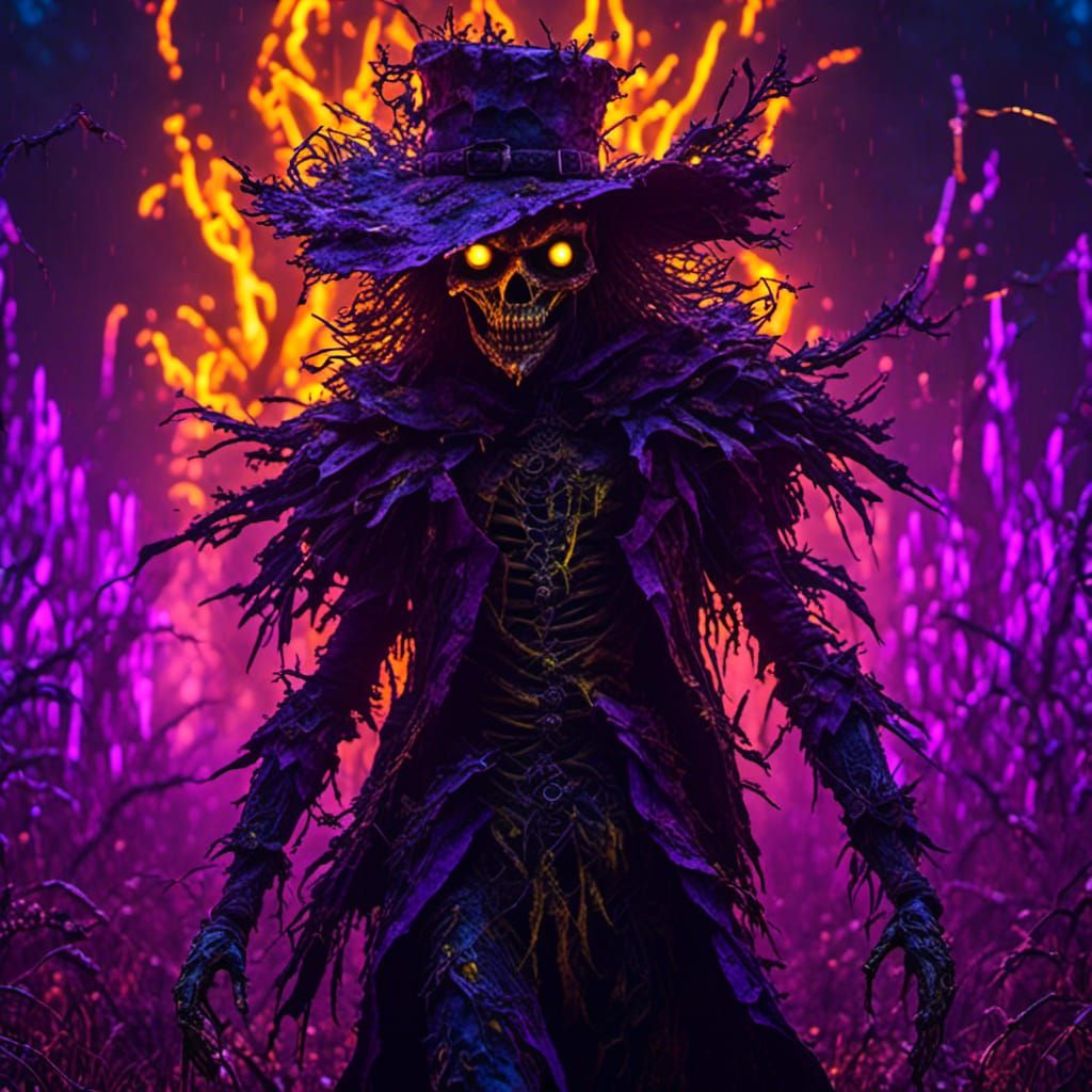 Terrifying Neon Scarecrow in Hyperreal Dark Fantasy
