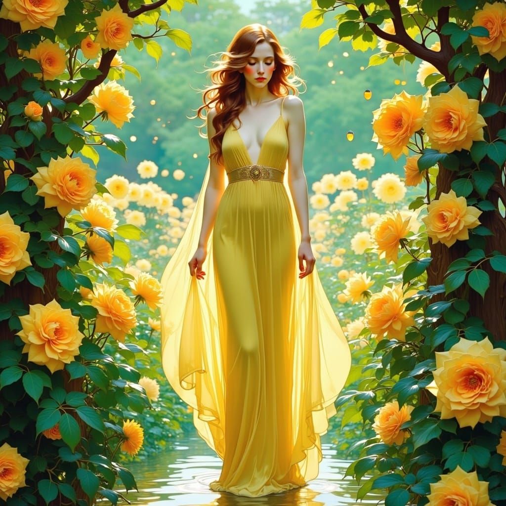 Elegant Woman in Roses with Art Nouveau Frame