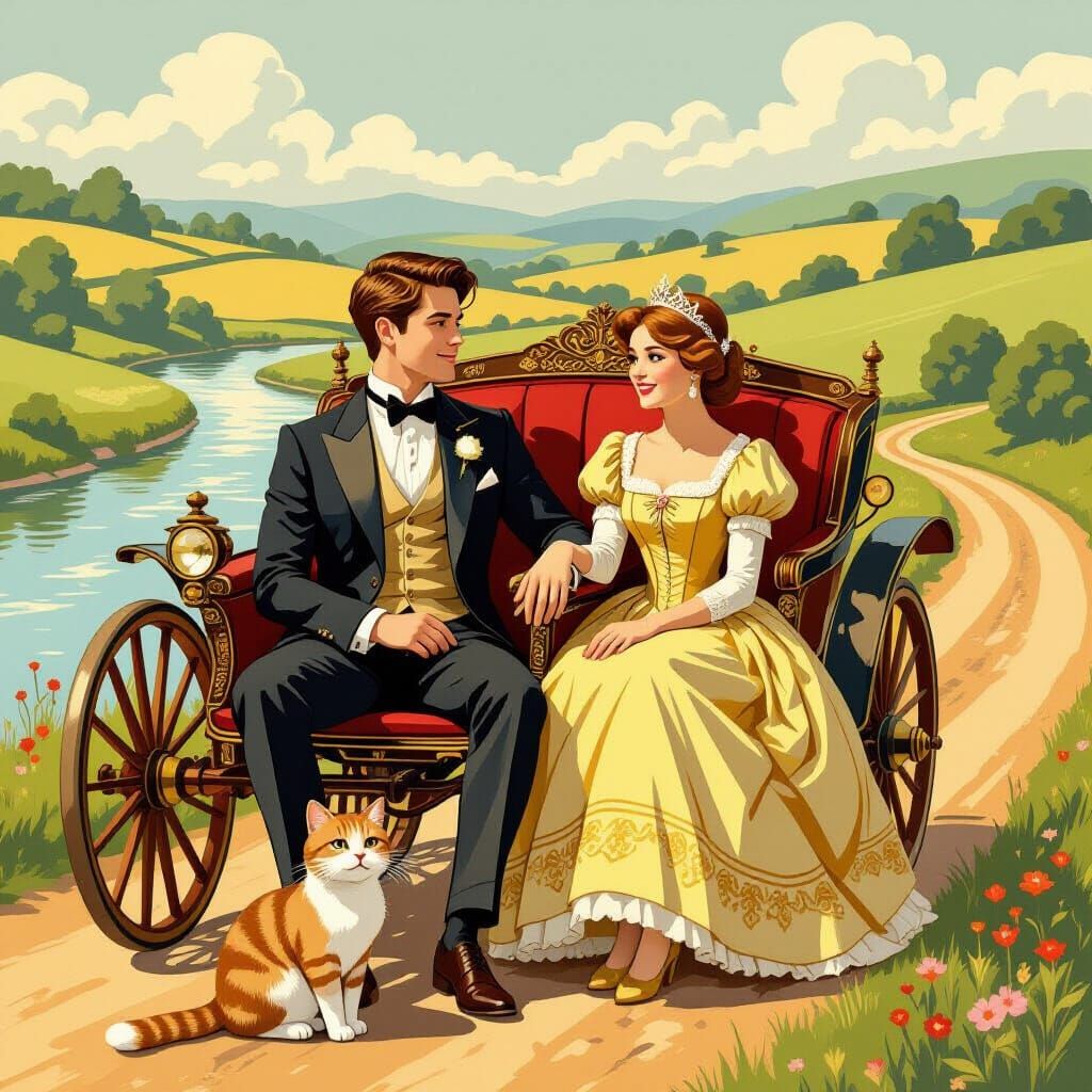 Royal Carriage Journey in Whimsical Illustration Style