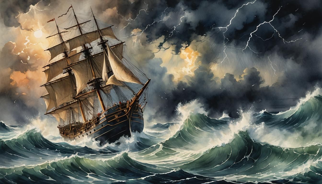 Watercolor Ship Braving a Fierce Storm