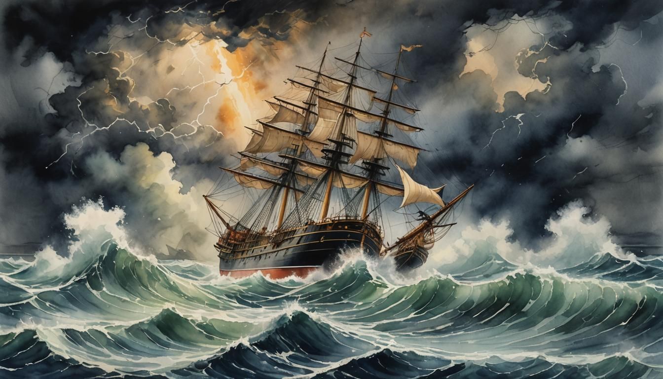 Watercolor Ship Braving a Stormy Sea