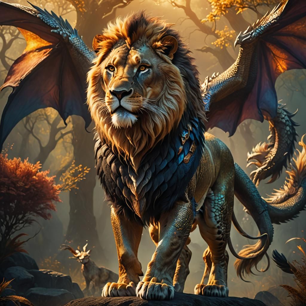 Majestic Lion-Dragon Hybrid in Mystical Realm