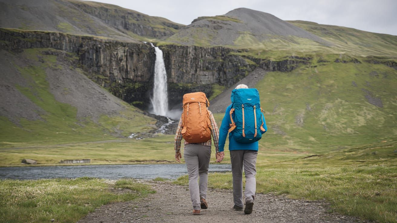Couple Hiking to Mountain Waterfall