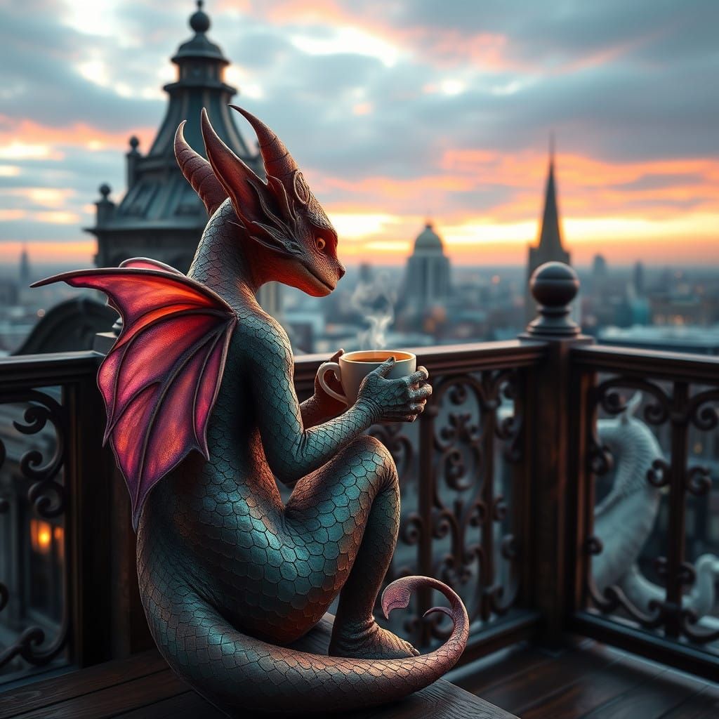 Mythical Creature Sips Coffee on Belleville City Hall Deck