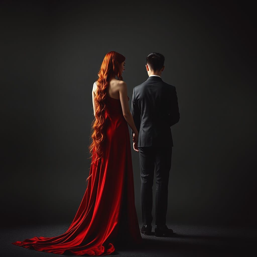 Pre-Raphaelite Crimson Couple in Chiaroscuro