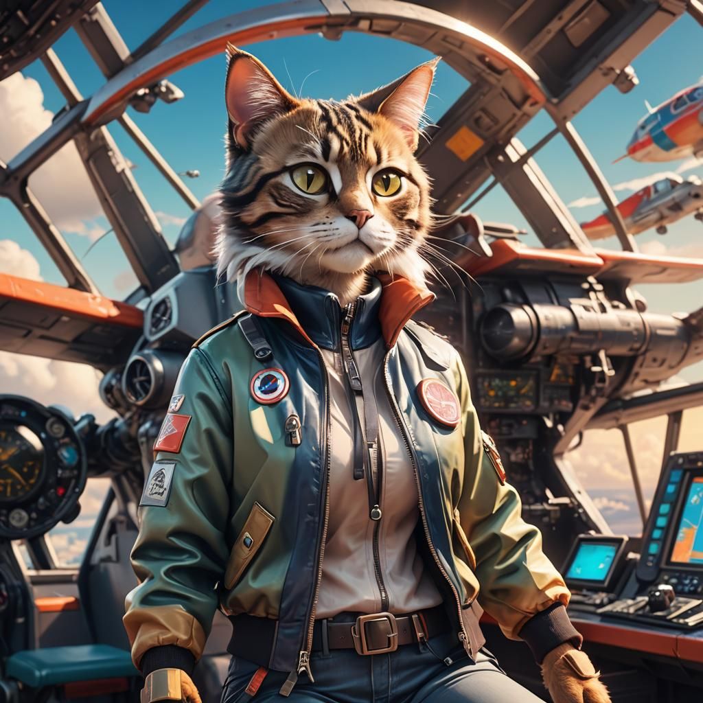 Japanese Cat Girl Pilot in Retro-Futuristic Aircraft
