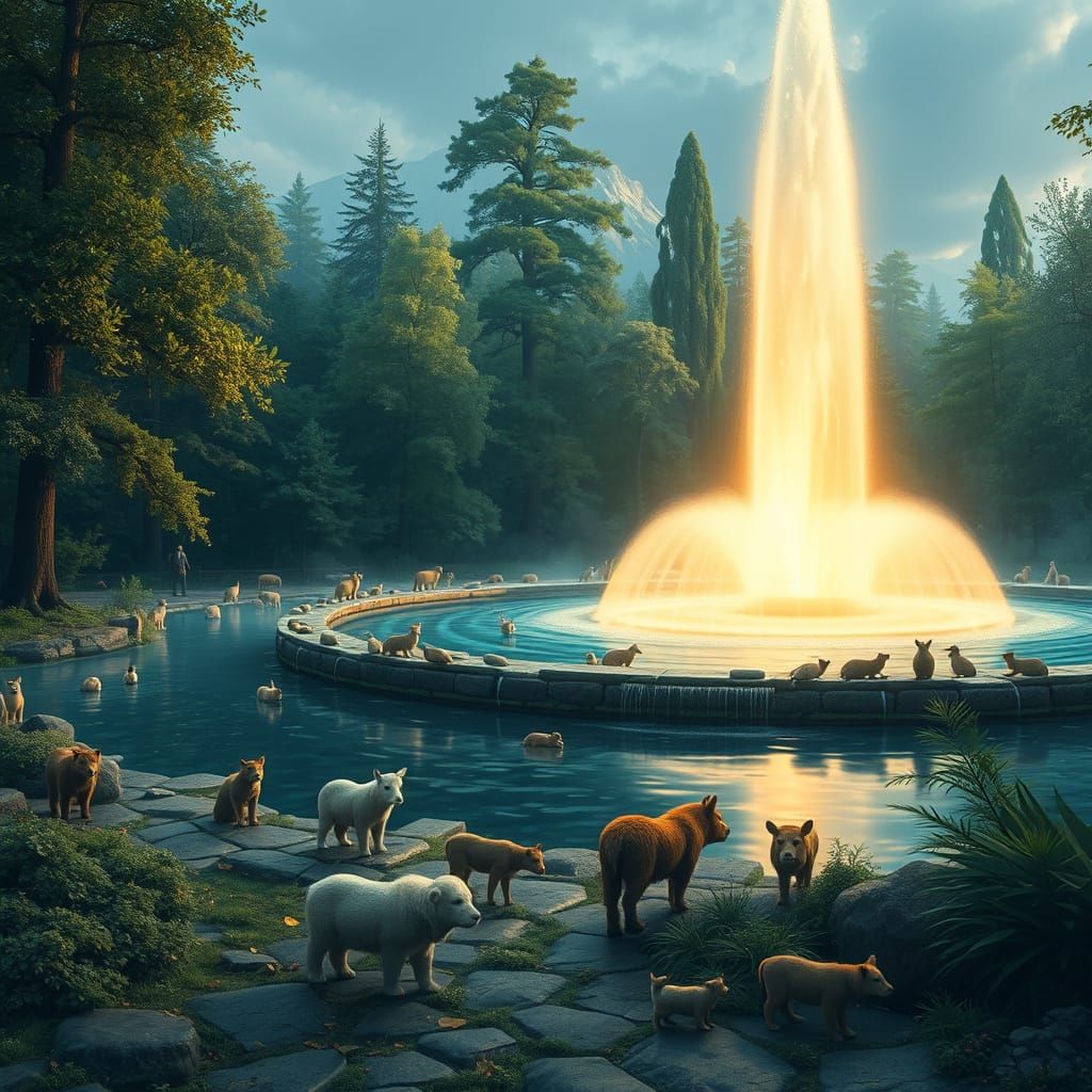Neon Forest Fountain with Animals
