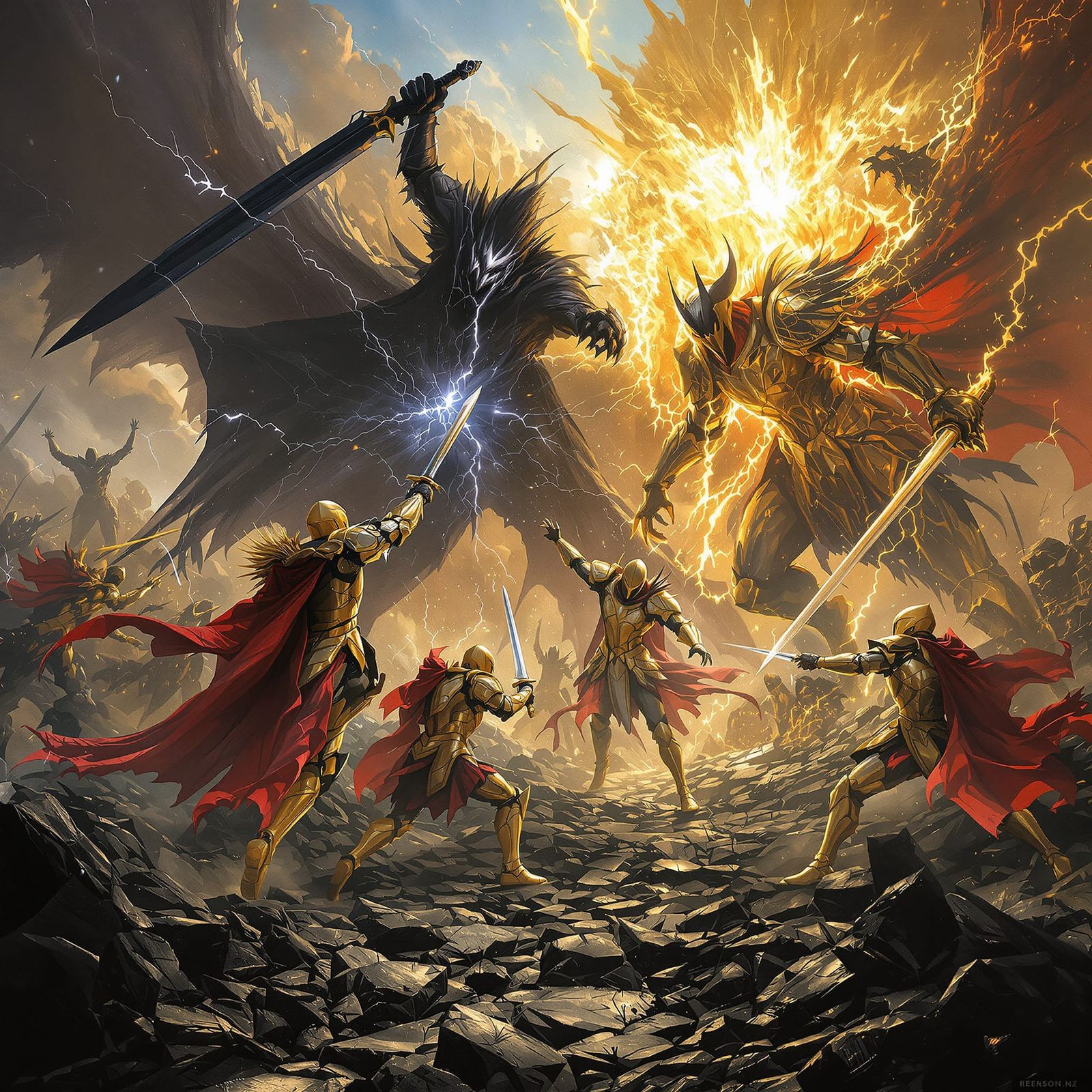 Celestial Knights vs Shadow Reapers in Mythic Battle