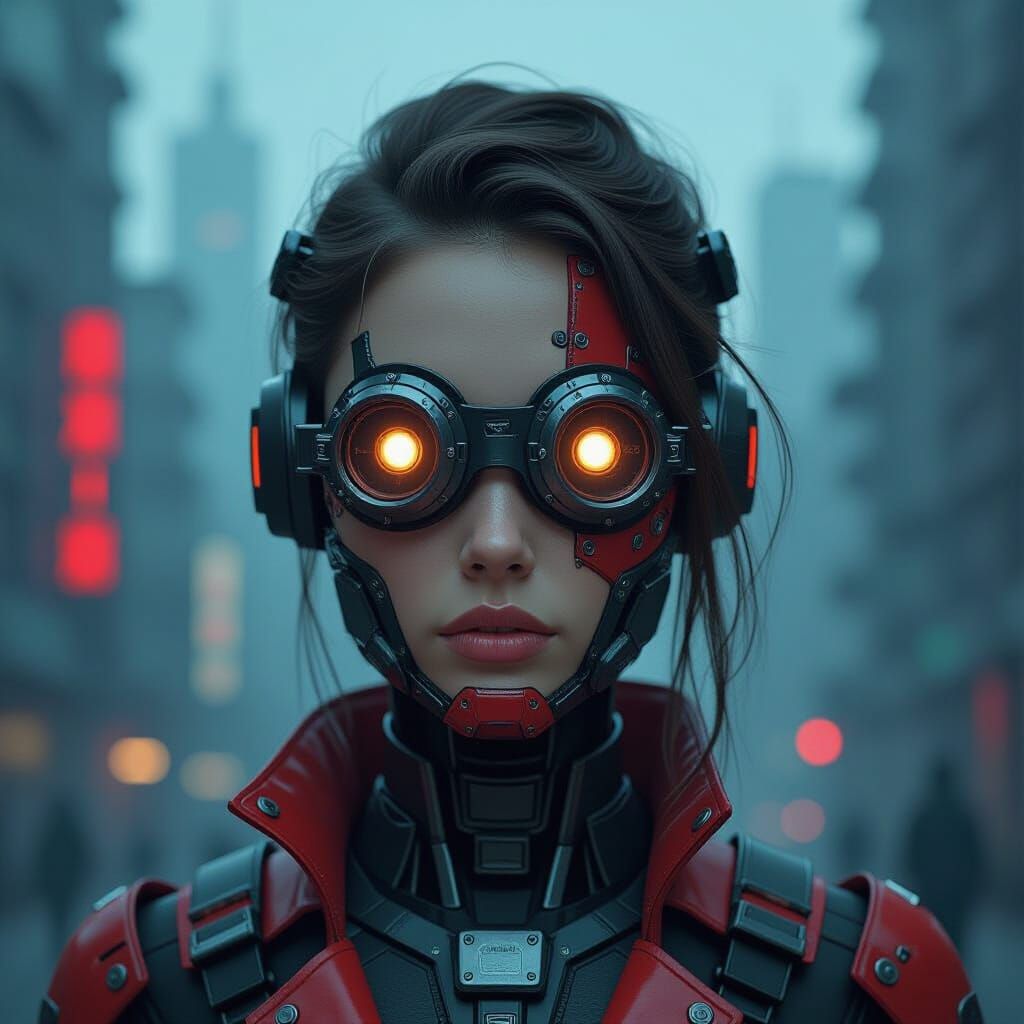 Cyberpunk Woman with Mechanized Face in Dystopian City
