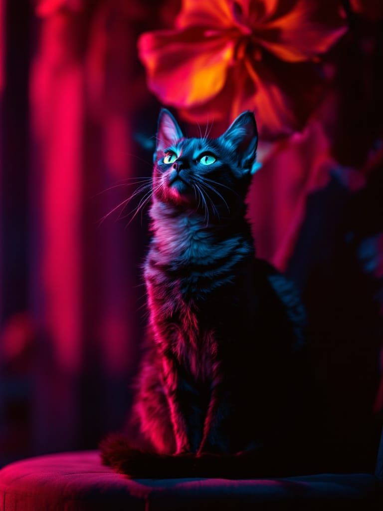 Neon Noir Cat Under Glowing Flower