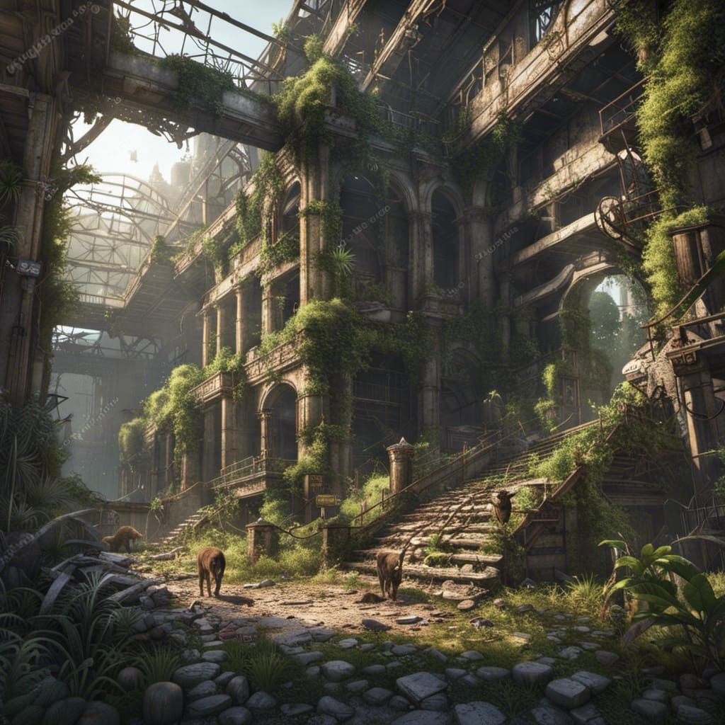 Post-Apocalyptic Cityscape with Nature, Detailed Matte Paint...