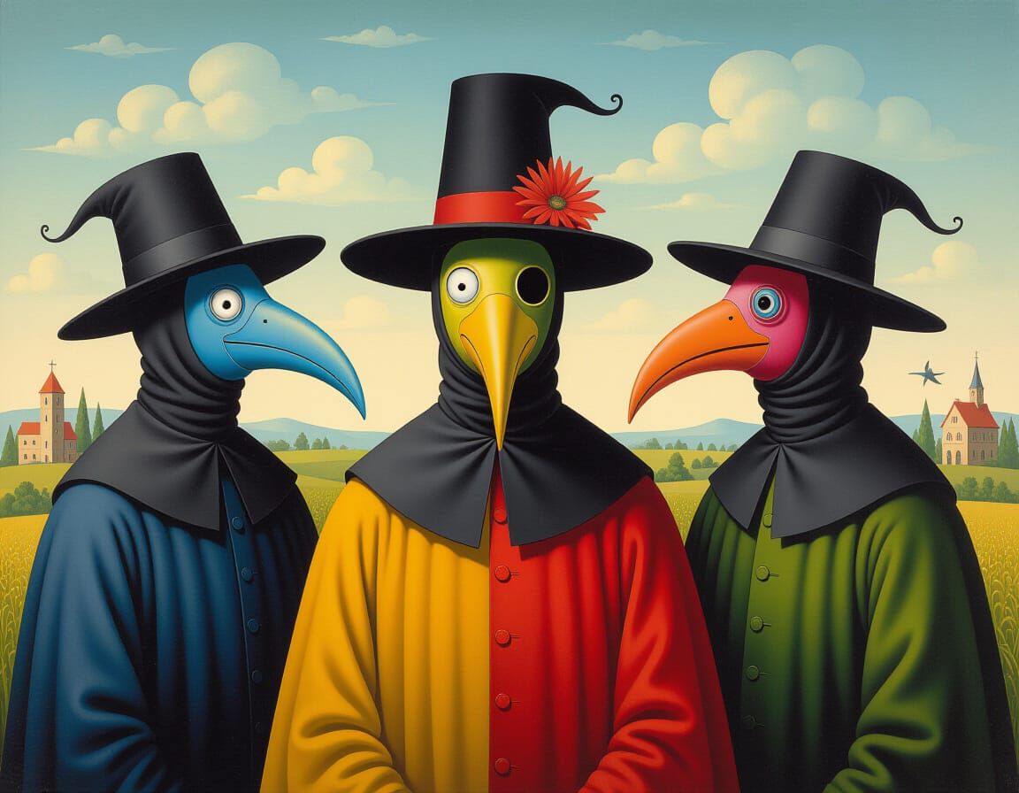 Surreal Plague Doctors in Absurd, Colorful Visions