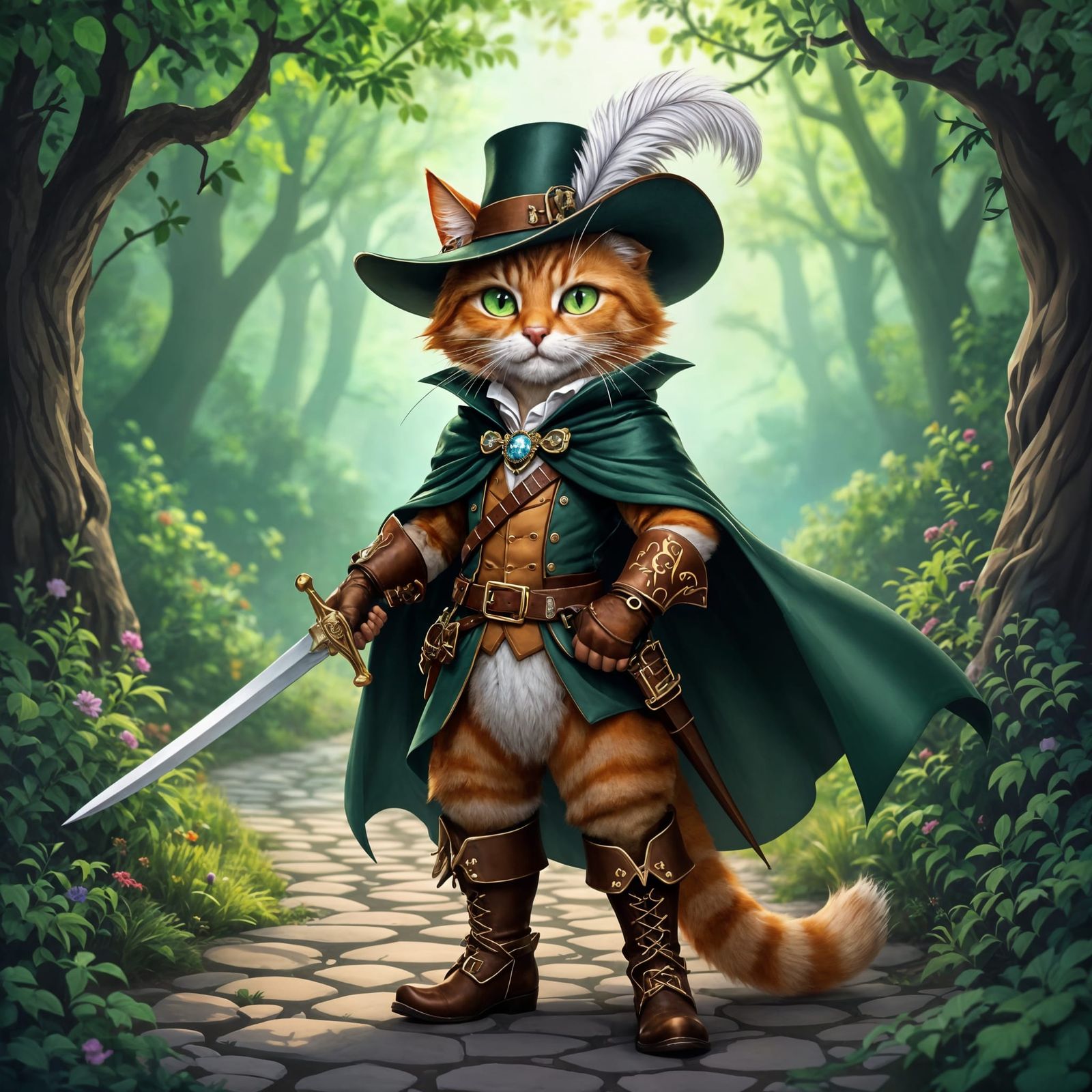 Daring Feline Adventurer in Magical Forest