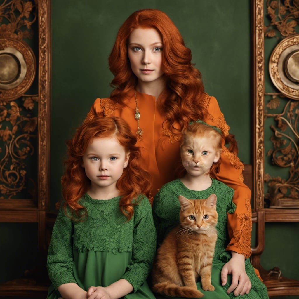 Redhead Family Portrait in Studio with Cats