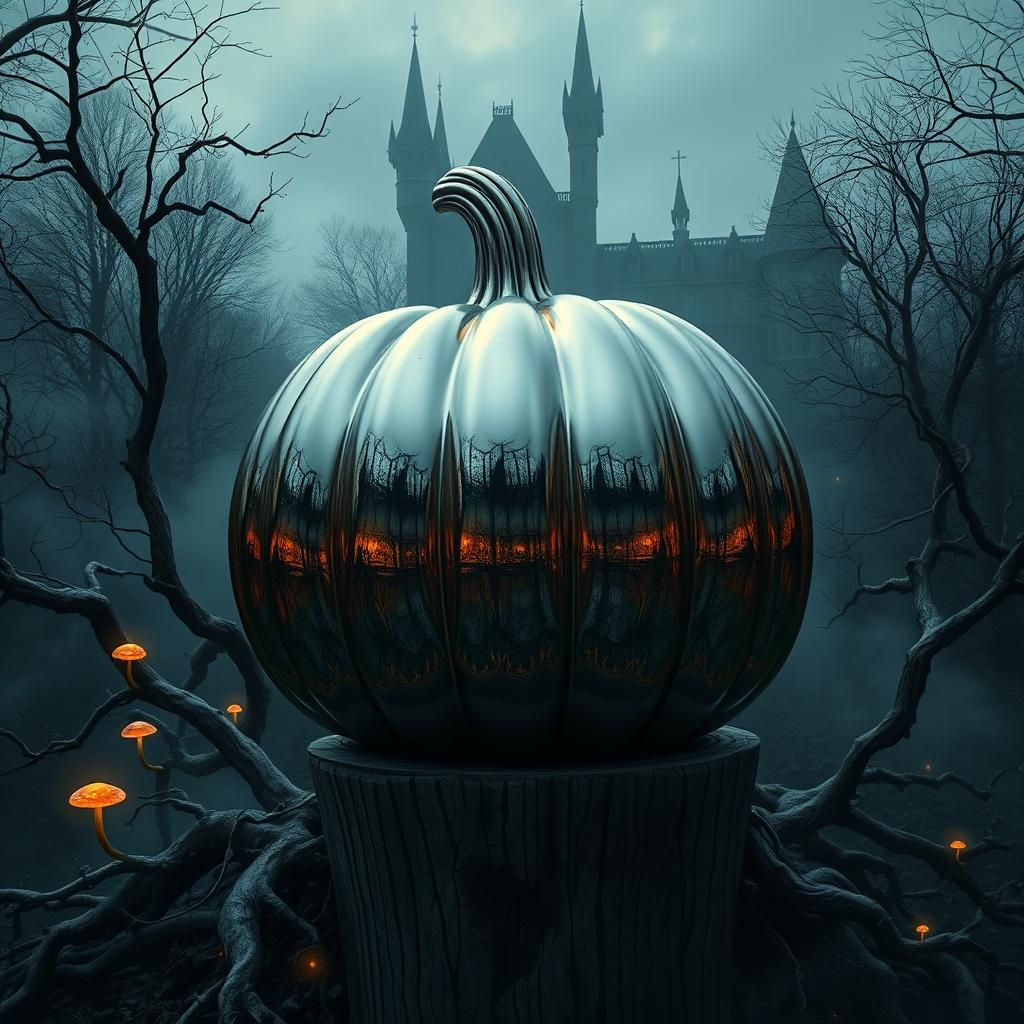 A large chrome pumpkin in a spooky forest, in the reflections of the pumpkin is an eerie haunted mansion
