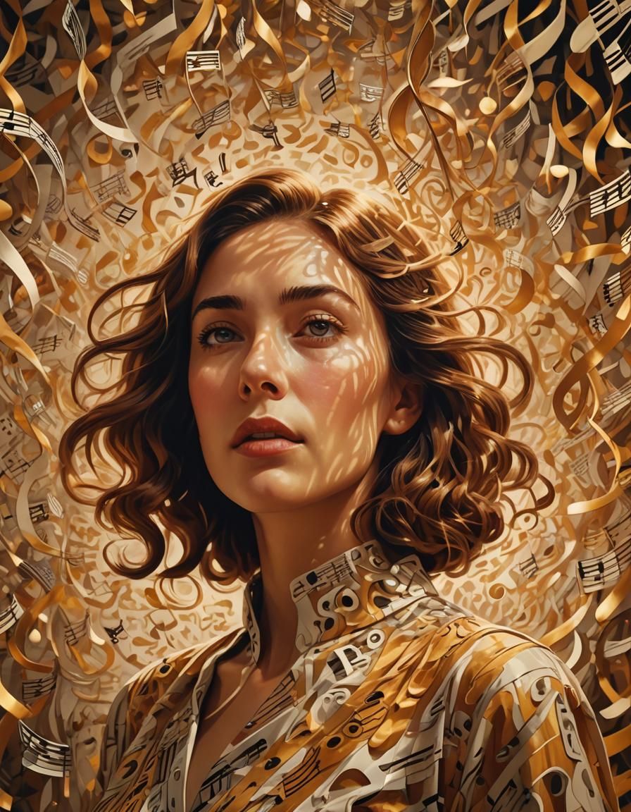 Woman in Swirling Music Notes: Expressionist Portrait