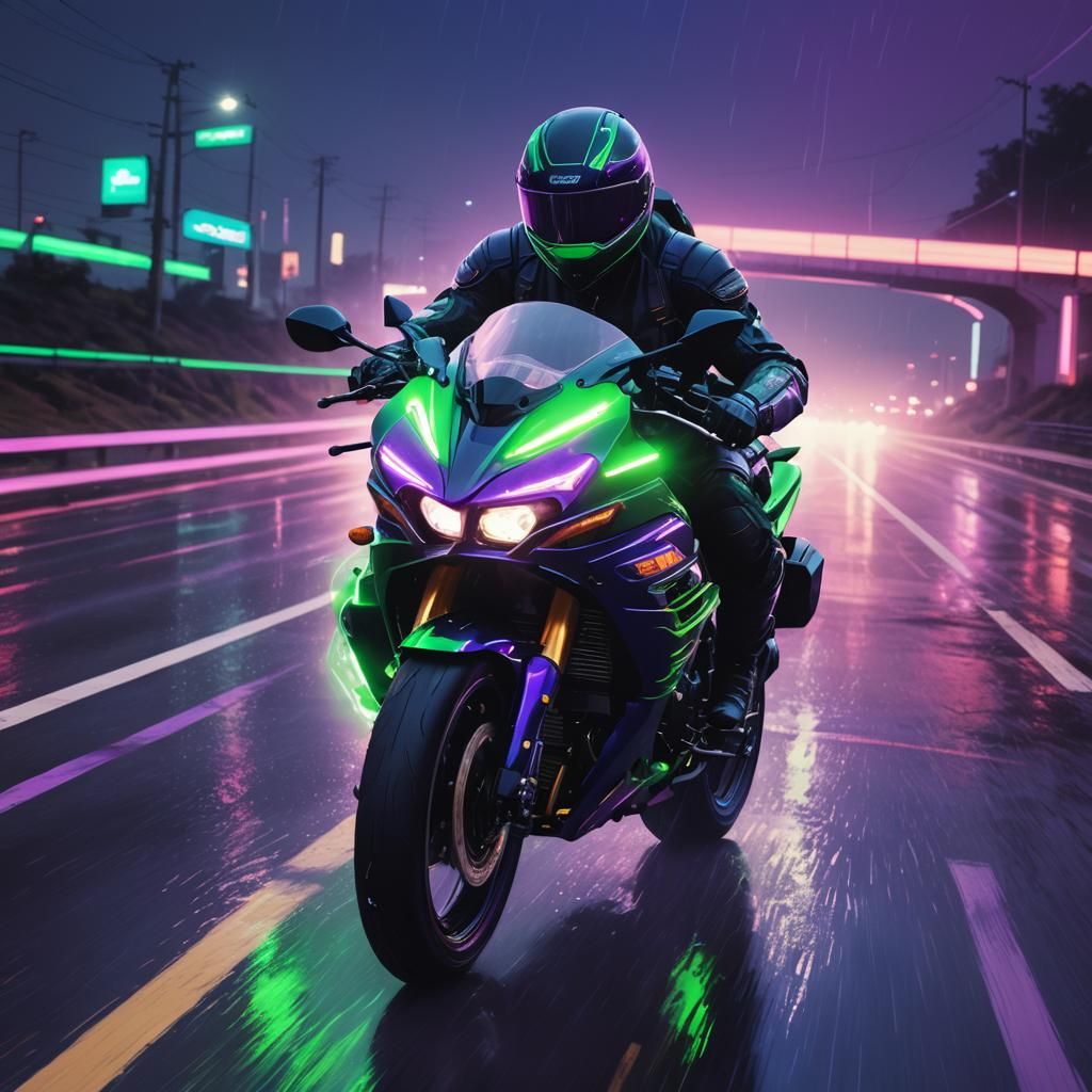 Neon Futurism: Kawasaki Ninja on Misty Highway