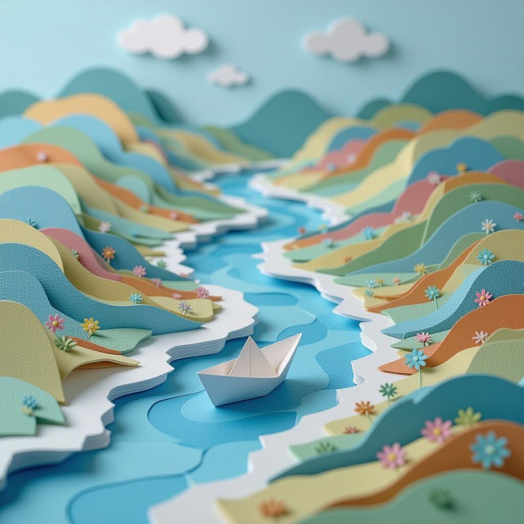 Fantastical Paper World Landscape with River and Boat