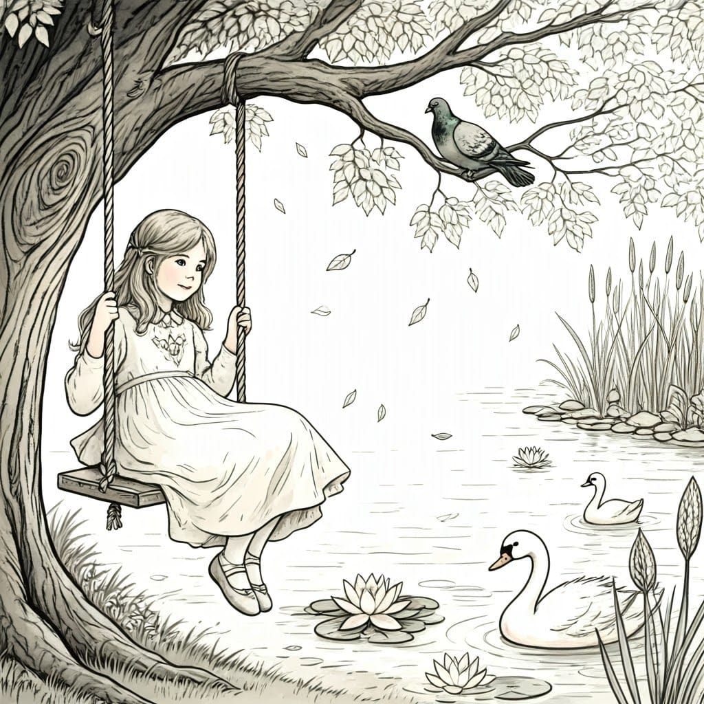 Whimsical Girl on Swing: Watercolor Children's Book Illustra...