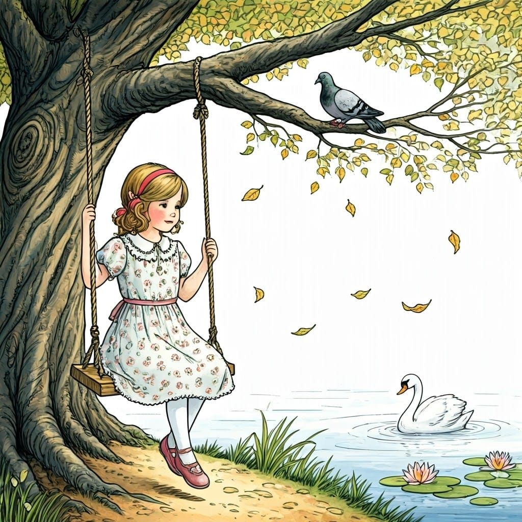 Whimsical Watercolor Illustration: Girl on a Swing
