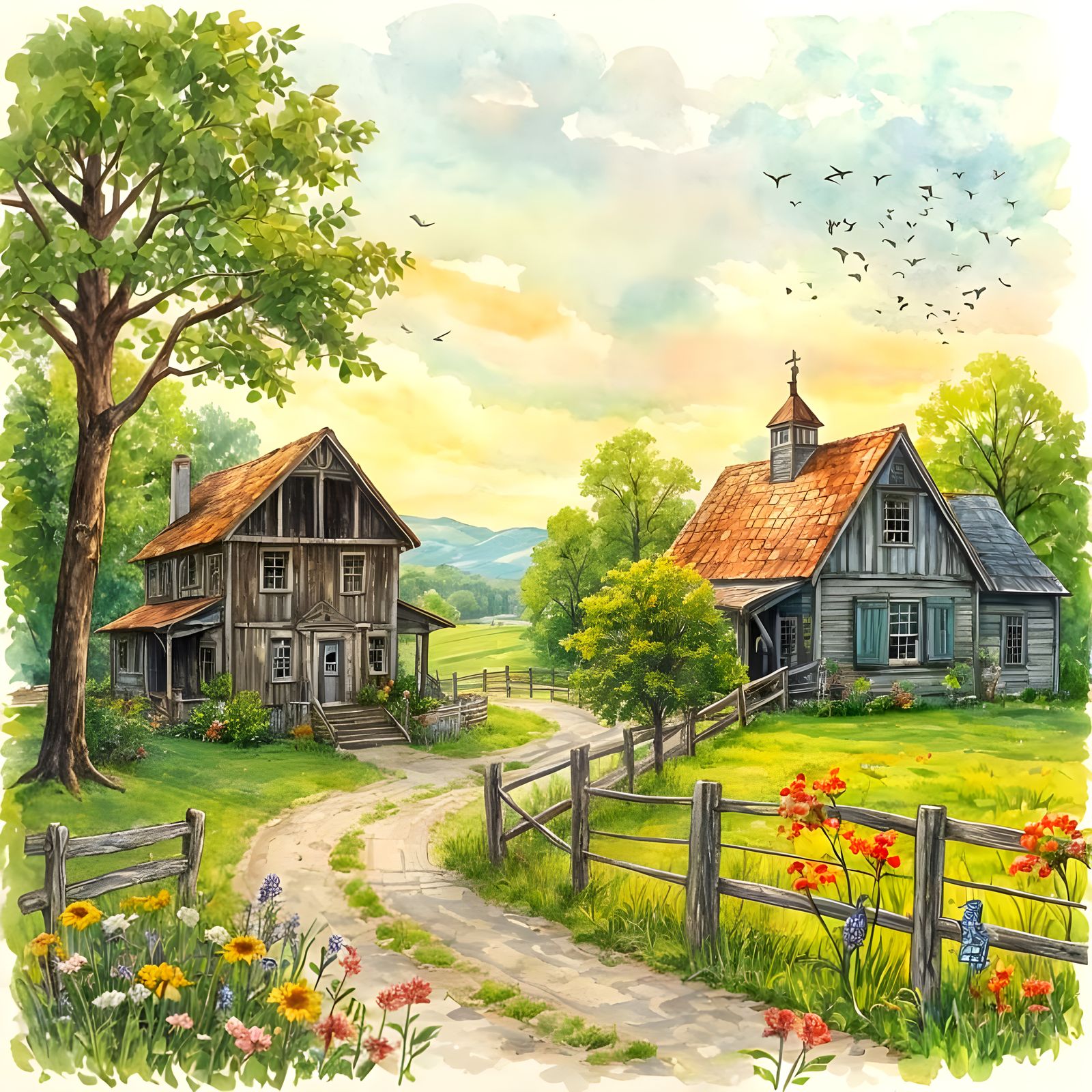 Old-Fashioned Farmstead: Watercolour and Pen Painting