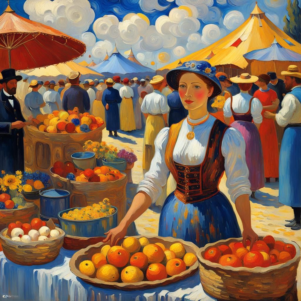 Colorful Market Scene in Expressionist Impasto Style